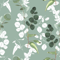 Foliage seamless pattern, eucalyptus leaves and flowers line art ink drawing. Seamless pattern.