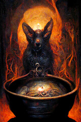 Fototapeta na wymiar Fantasy dark magic potion in cauldron surrounded by demons and creatures, illustration. Sorcery and dark magic, deep color.