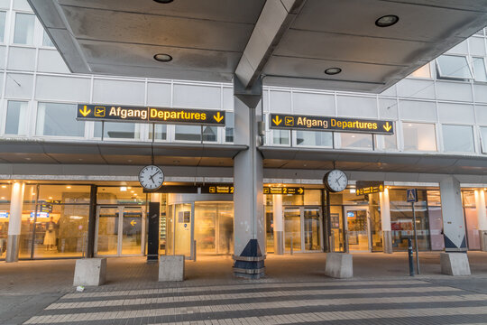 Copenhagen, Denmark - July 27, 2022: Entrance to Departures in Terminal 2 of Copenhagen airport.