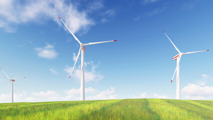Panoramic view of wind farm or wind park, with high wind turbines for generation electricity with copy space. green energy concept. Windmills in the on a beautiful bright day. 3d rendering.