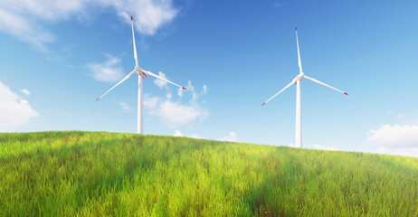 Panoramic view of wind farm or wind park, with high wind turbines for generation electricity with copy space. green energy concept. Windmills in the on a beautiful bright day.