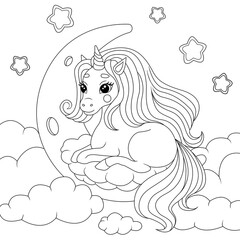 Obraz na płótnie Canvas Cute children's coloring book with a little unicorn who decided to relax around the clouds!