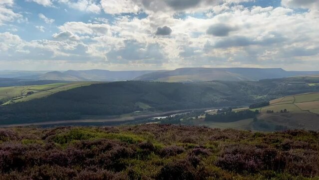 Fields, forest, and river as usual rural England landscape in Peak District, Yorkshire. Aerial shot	