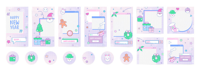 Set of futuristic modern Christmas stories, posts and highlights. Collection of purple 90s cute elements for New year holidays and winter promo sale. Gradient background with Santa, snowman and more