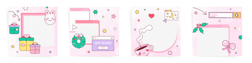 Set of Cute 90s Christmas square posters or post templates for decoration, sale or New Year card print. y2k vaporwave vector frame backgrounds.