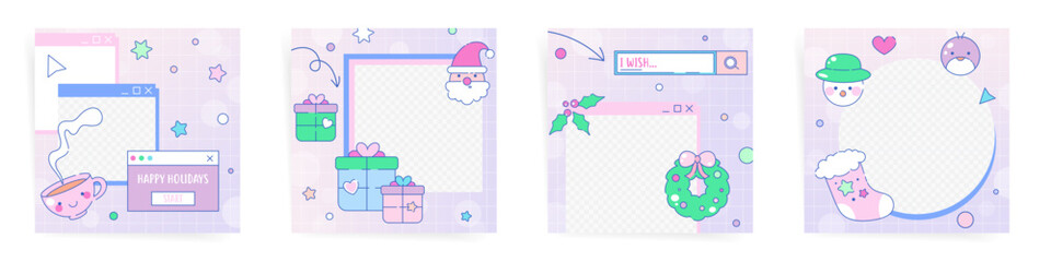 Set of 90s vaporwave christmas square posters or post templates for promotion, sale or New Year card print. Retro, futuristic y2k vector illustration backgrounds.