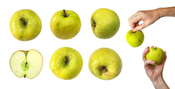 Hand holding yellow green apple fruit on white background. Flat lay, top view.