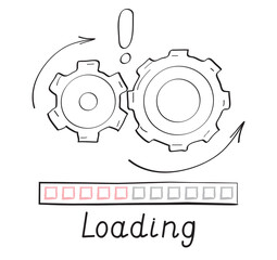 Obraz premium Gears rotates, loading progress bar vector style in doodle style. Load progress bar for UI. Upload status or download round process.
