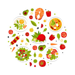 Fresh Natural Food Served on Plate Arranged in Circle Vector Template