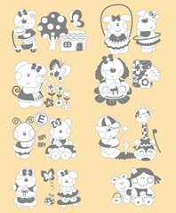 Set of pets, animals, puppies, tree, butterfly, little girl with dog, cats, lion, giraffe, teddy bear, baby fashion, rapport print, confection,