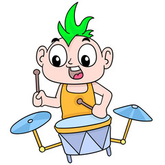 Obraz premium Vector illustration of a boy cartoon character playing the drums isolated on white background