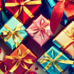 Colored gift or present boxes with golden bows and star confetti - Christmas and New Year - Festive season