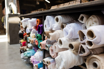 Different fabric rolls on shelves in textile shop