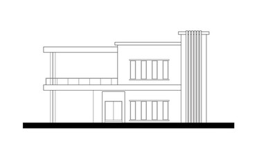 
2D architectural graphic CAD illustration of the front facade of a modern house. 2 floors with modern elements. Black and white.