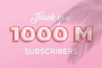 1000 Million subscribers celebration greeting banner with Rose gold Design