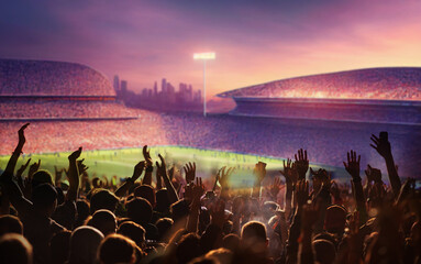 football or soccer fans at a game in a stadium - obrazy, fototapety, plakaty