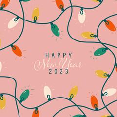 Happy New Year 2023 postcard with christmas lights, in retro vintage style