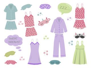 Sleepwear for women, nightwear for females, fashionable collection Pajamas set. Vector in flat style