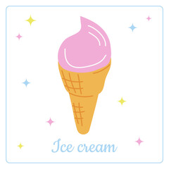 Hand drawn waffle ice cream cone. Doodles. Sweet dessert. Bright summer greeting card, template for invitations, banners, posters. Simple color icon Food. Vector illustration