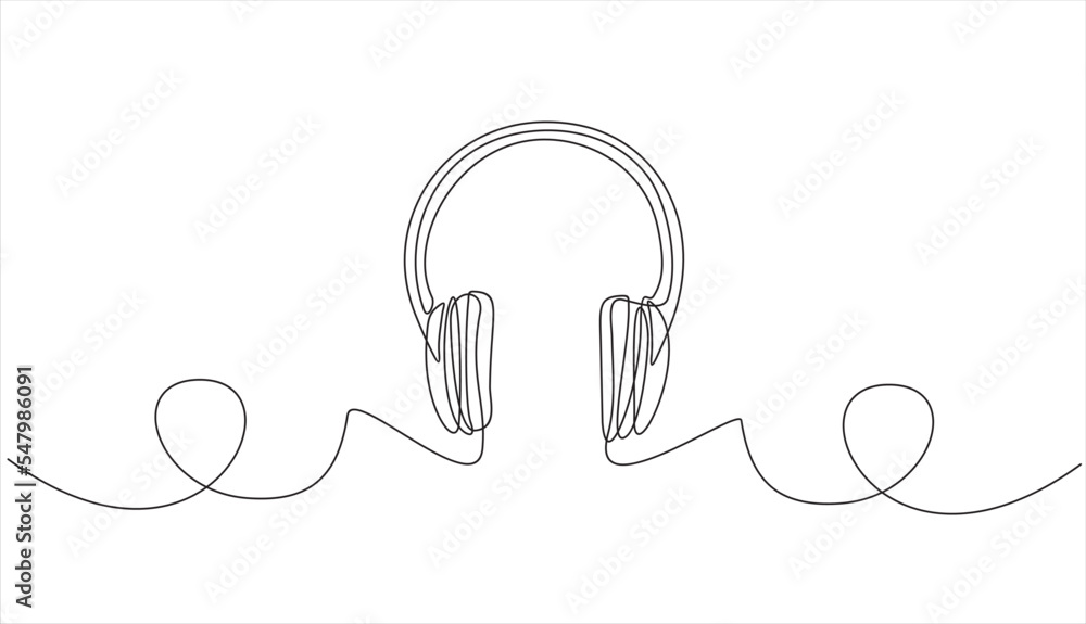 Poster one line drawing of headphone speaker device gadget continuous lineart design isolated on white back