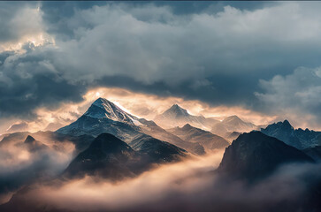 Fototapeta na wymiar 雲の上、山脈、雪山