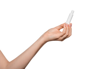 Lipstick hygienic, chapstick in a female hand, isolated