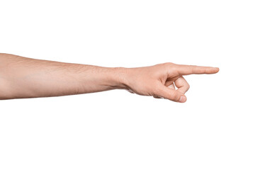 Close-up of man's hand pointing finger at empty space for text, copy space. Isolated