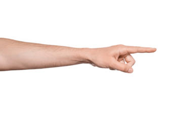 Close-up of man's hand pointing finger at empty space for text, copy space. Isolated