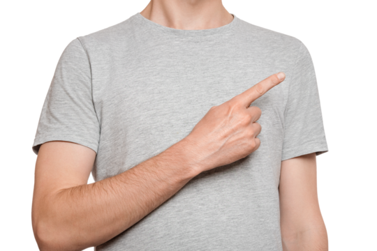 Close-up of man's hand pointing finger at empty space for text, copy space. Isolated