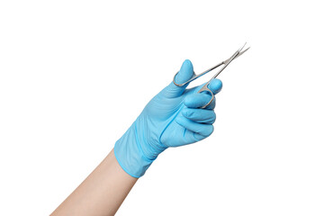 Manicure, nail scissors in hand with blue glove. Hand holding scissors for manicure isolated on white background.