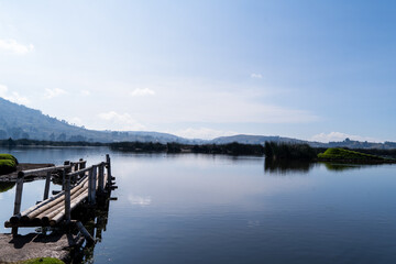 Minimalist landscape, water, sky, moon, mountain