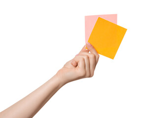 Sticker or sticky post-it notes in hand, isolated.