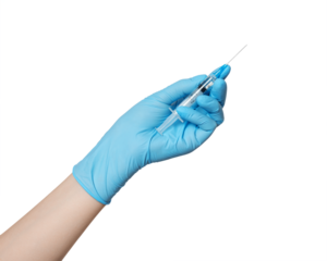 Medical syringe in hand with latex blue glove with liquid for injection isolated on white background