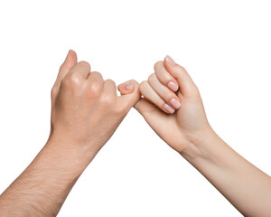 Hands hold each other with little fingers, pinky promise, isolated