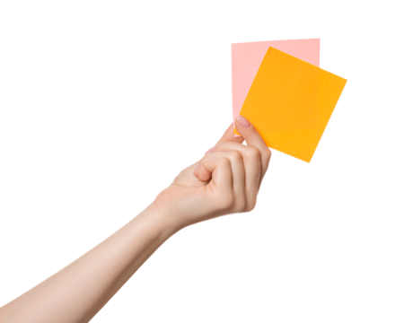 Sticker or sticky post-it notes in hand, isolated.