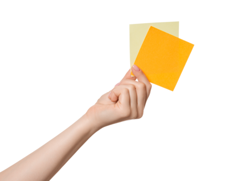 Sticker or sticky post-it notes in hand. isolated.