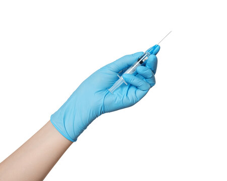 Medical syringe in hand with latex blue glove with liquid for injection isolated on white background