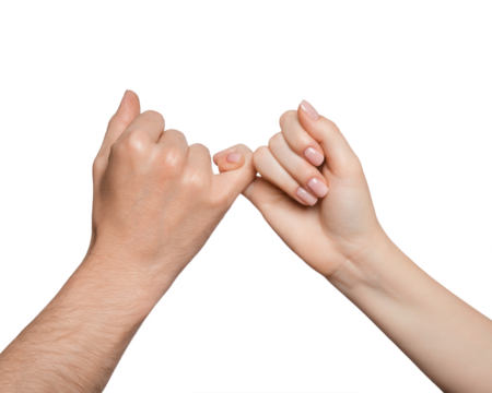 Hands hold each other with little fingers, pinky promise, isolated
