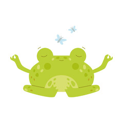 Cute happy toad or frog meditating in the lotus position flat vector illustration. Funny drawings of green amphibian isolated on white background. Nature concept