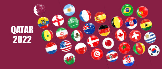 Sports banner design.Soccer balls with flags of the participating countries.The concept of football 2022 in Qatar.