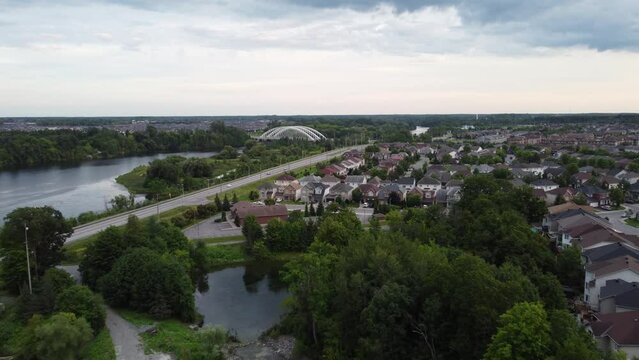 Drone view over the Vimy Bridge Memorial and neighborhood in Ottawa, Canada