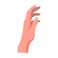 Female hand takes an object. Hand gestures cartoon vector illustration. Human palm with finger, showing numbers, direction, symbol and sign