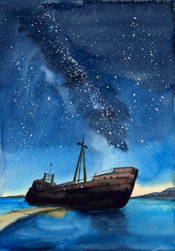 Watercolor illustration of an ancient grounded ship with a dark blue night sky strewn with stars and Milky Way