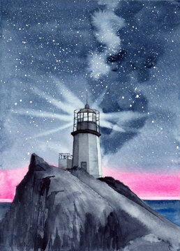 Watercolor illustration of a white lighthouse on a high rocky hill above the sea under a dark blue star-studded sky