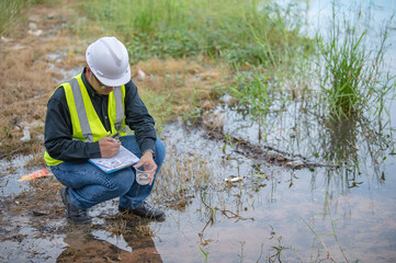 Environmental engineers inspect water quality,Bring water to the lab for testing,Check the mineral content in water and soil,Check for contaminants in water sources.