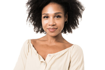 Portrait of a woman with curly hair on a transparent isolated background