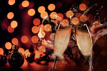 Two glasses of champagne in a splashing brindisi during new year's eve or holidays celebrations. Christmas bokeh lights in the background. - obrazy, fototapety, plakaty