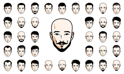Handsome men faces and hairstyles heads vector illustrations set isolated on white background, guy happy attractive beautiful faces avatars collection with different haircuts.