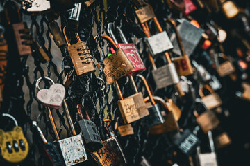 several padlocks hung along a fence 