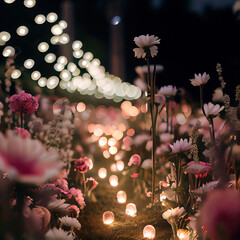 Field of blooming flowers in an enchanted garden with fairy lights